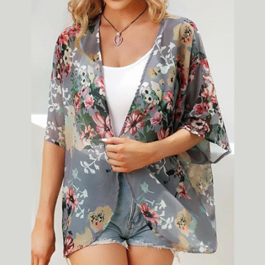 Women's Floral Print Puff Sleeve Kimono Cardigan Loose Cover Up Casual Blouse Tops